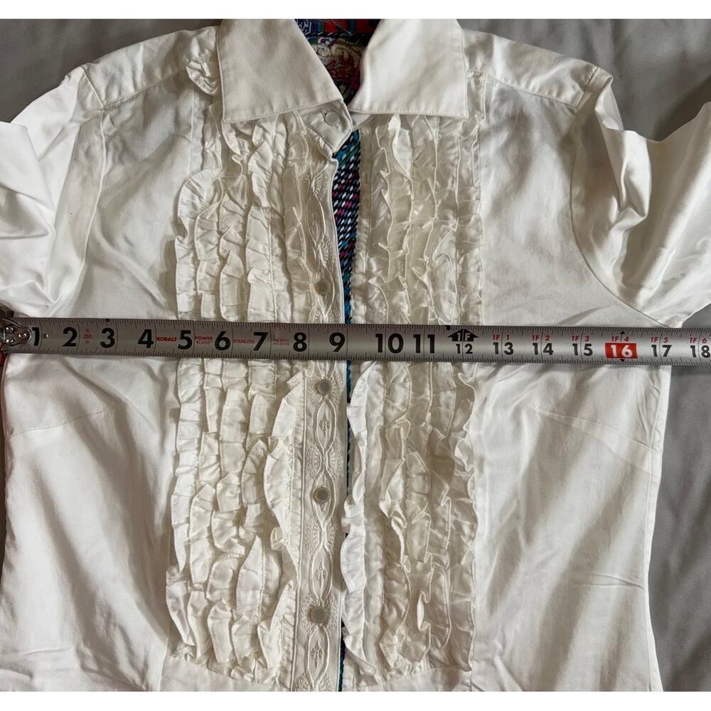 Robert Graham White Ruffle Shirt Women's XS Colorful Cuff Button Down - Picture 10 of 13